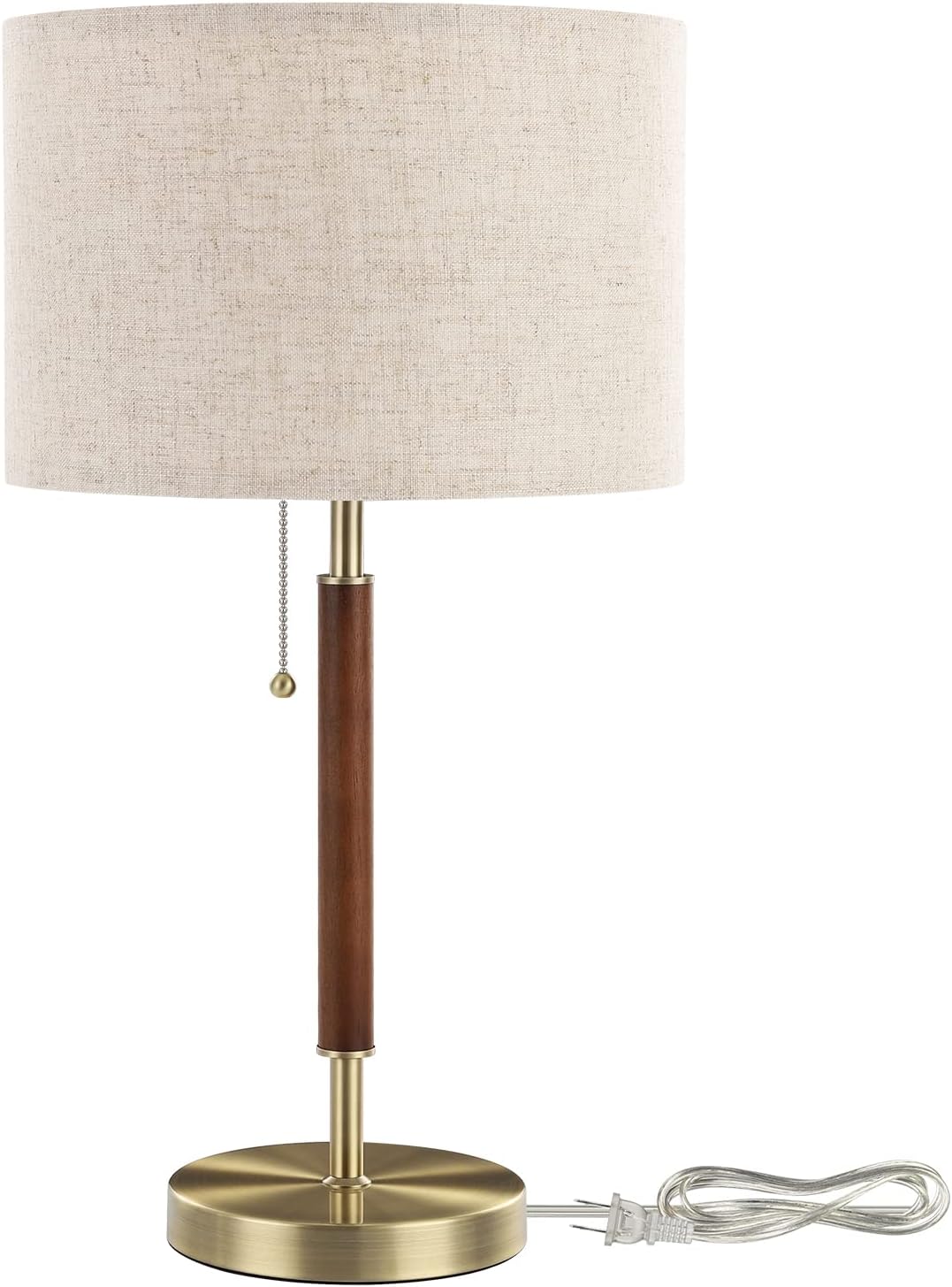 EDISHINE Mid Century Table Lamp, Bedside Lamp with Pull Chain Switch, Solid Wood & Metal Pole, Modern Nightstand Table Lamp for Living Room, Bedroom, Office, Frosted Bronze & Wood Finish