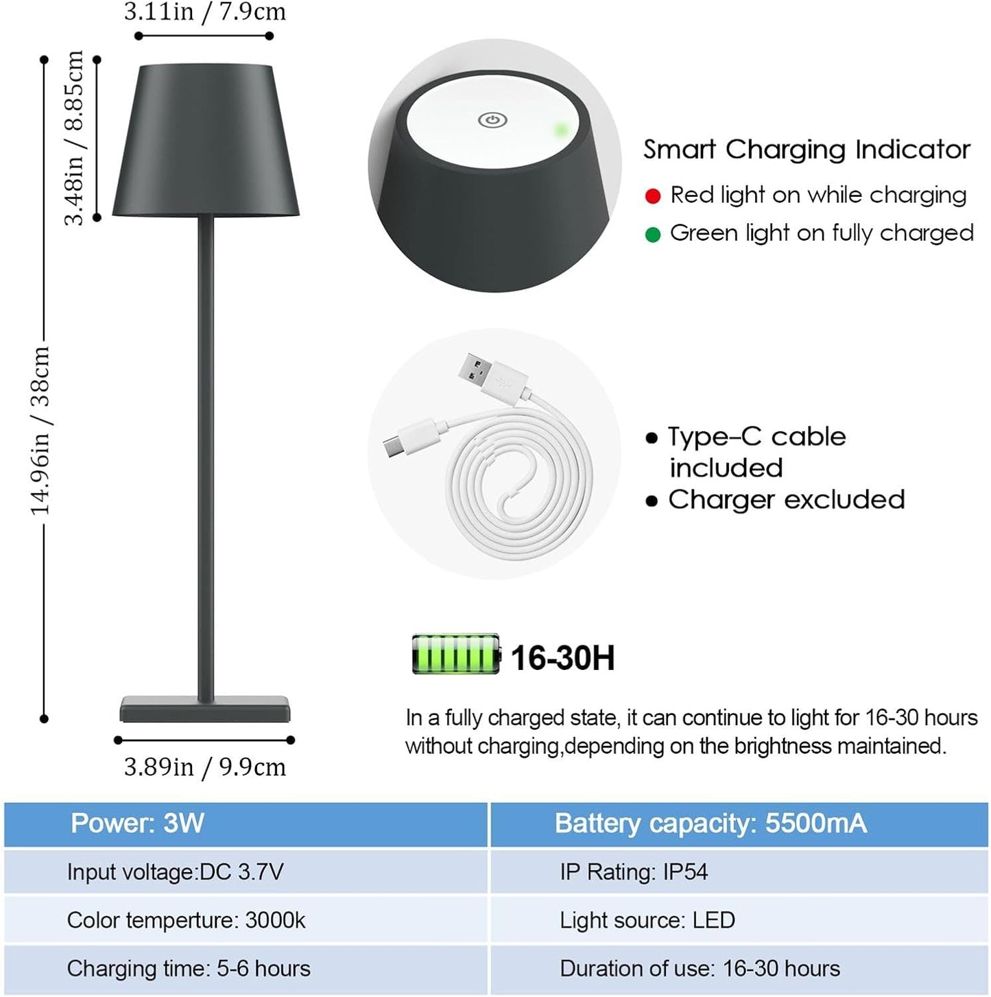 2 Packs LED Cordless Table Lamp, Rechargeable Battery Desk lamp 5500mAh Battery Operated Stepless Dimming Modern Portable Table Light for Restaurant/Table/Bedroom/Outdoor IP54 Waterproof (Anthracite)