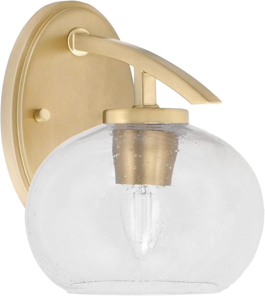 Kurve 1 Light Downlight Wall Sconce, New Age Brass Finish, 7" Clear Bubble Glass