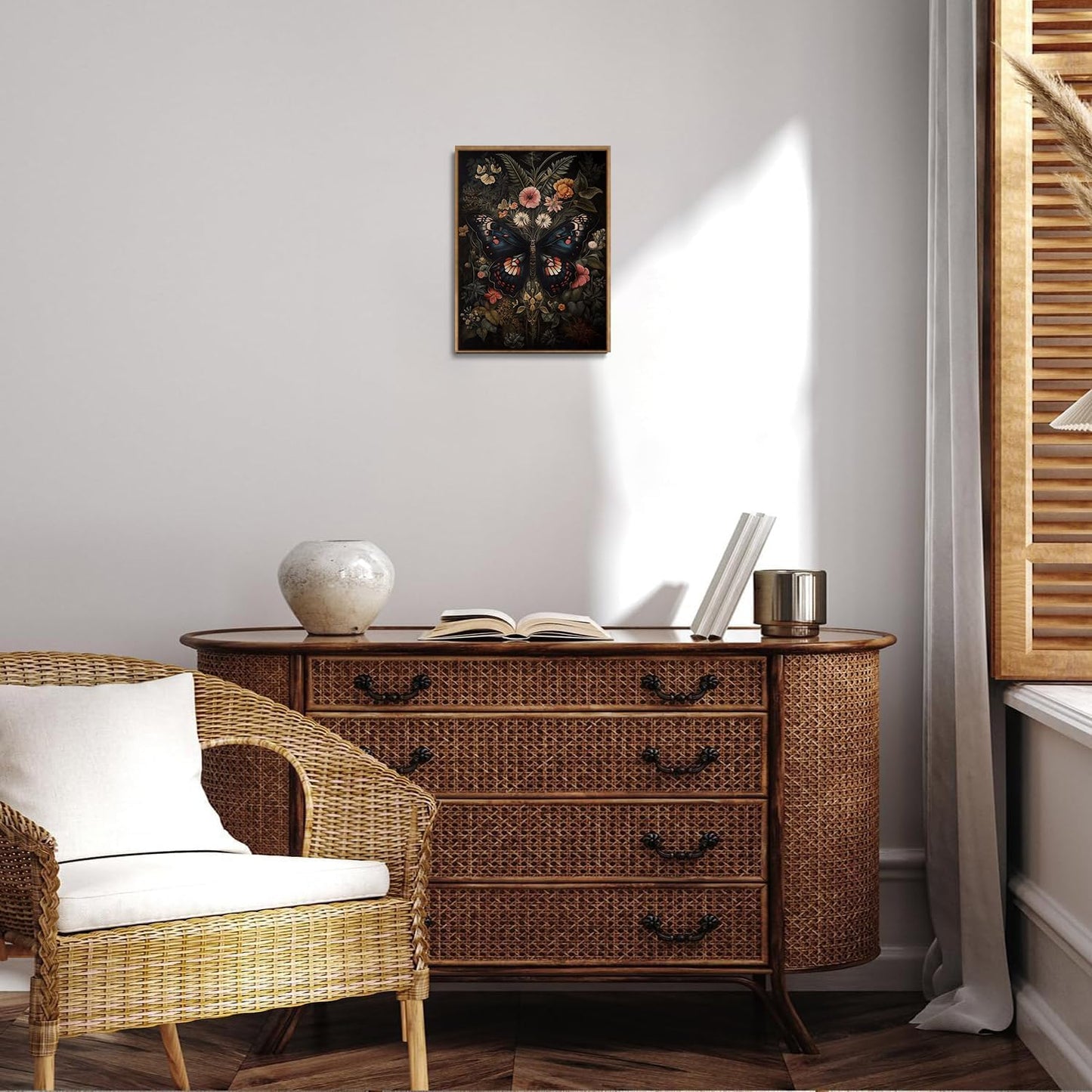 Djmwtb Vintage Framed Wall Art Butterfly Canvas Wall Art Prints Gothic Botanical Floral Pictures Dark Academia Flower Painting Artwork for Living Room Bedroom Bathroom Office 12x16in