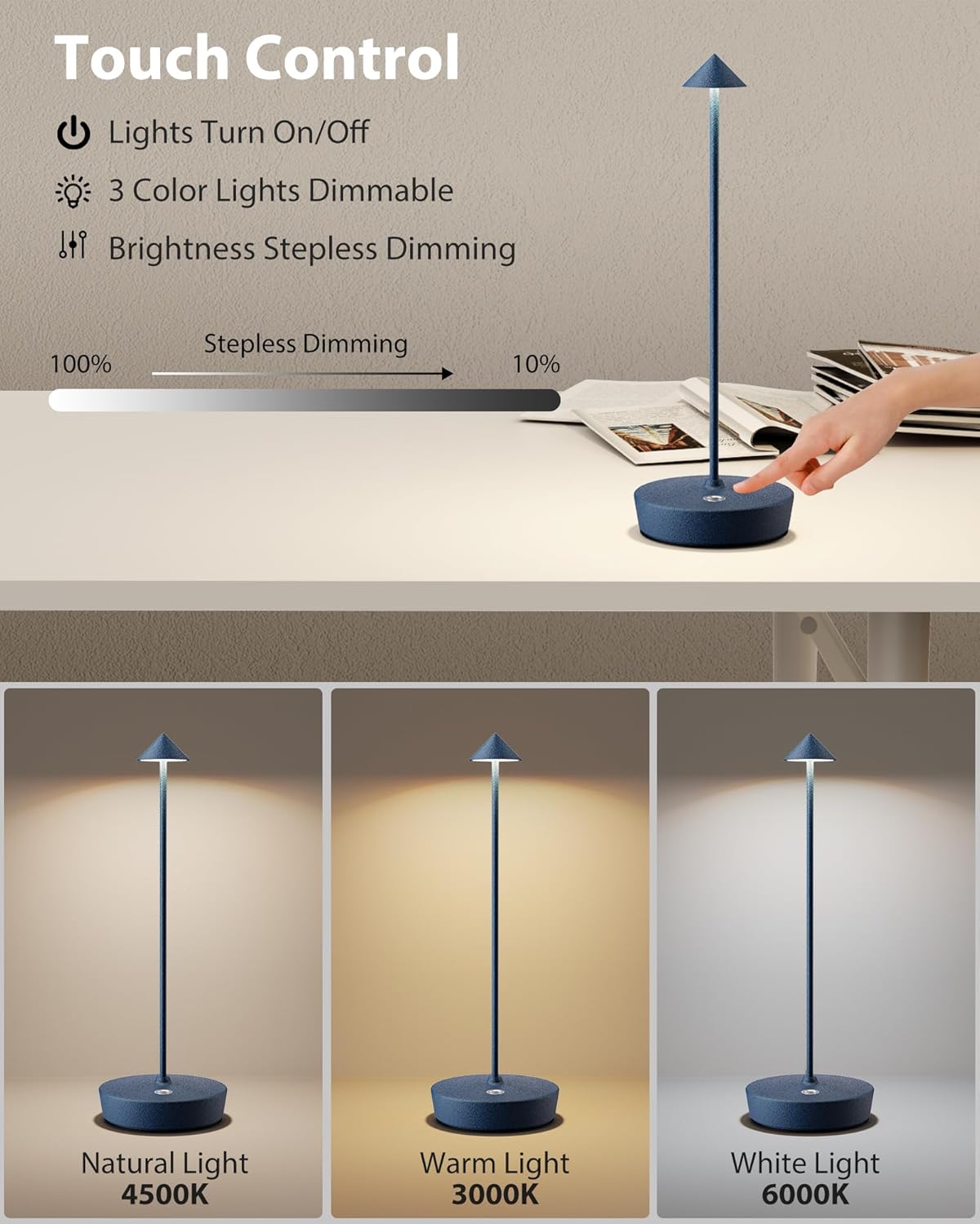 Cordless Table Lamps Rechargeable, 6000mAh Battery Operated LED Desk Lamp Outdoor Waterproof Portable Touch Dimmable Table Light for Patio Restaurant Dining Home Set of 2 Blue