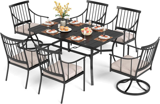 PHI VILLA 7 Pieces Patio Dining Table Set with Cushion for 6, Large Rectangular Metal Dining Table with Umbrella Hole & Cushioned Swivel Iron Chairs for Outdoor, Deck, Yard