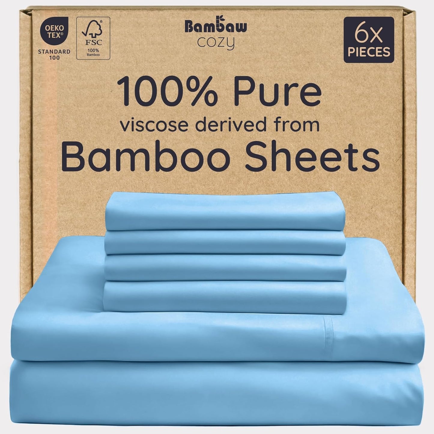 Bambaw 6pcs Set of 100% Viscose Derived from Bamboo Sheets for Queen Size Bed - Cooling Sheets Queen Size Deep Pocket, Fits Up to 16'' Mattresses, Super Soft Sheets Queen Size (Dream Blue)