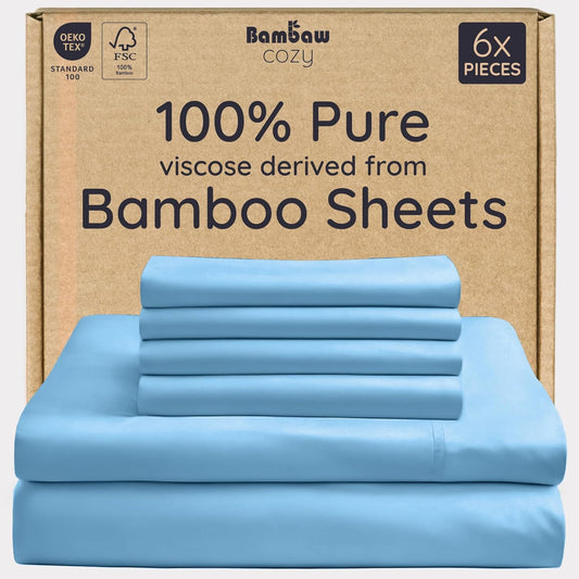 Bambaw 6pcs Set of 100% Viscose Derived from Bamboo Sheets for Queen Size Bed - Cooling Sheets Queen Size Deep Pocket, Fits Up to 16'' Mattresses, Super Soft Sheets Queen Size (Dream Blue)