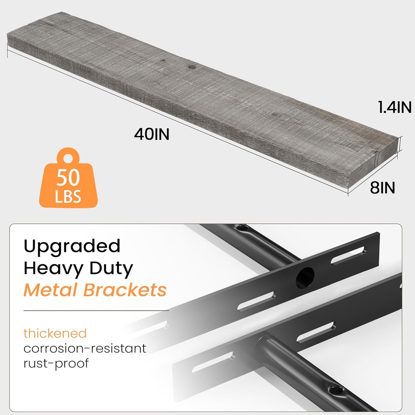 Fun Memories Floating Shelves for Wall Decor, 40"x8" Rustic Reclaimed Wood Shelves, Heavy-Duty Wall Mounted Shelves with Invisible Brackets, Set of 2for Living Room, Bedroom, Kitchen, Grey Finish