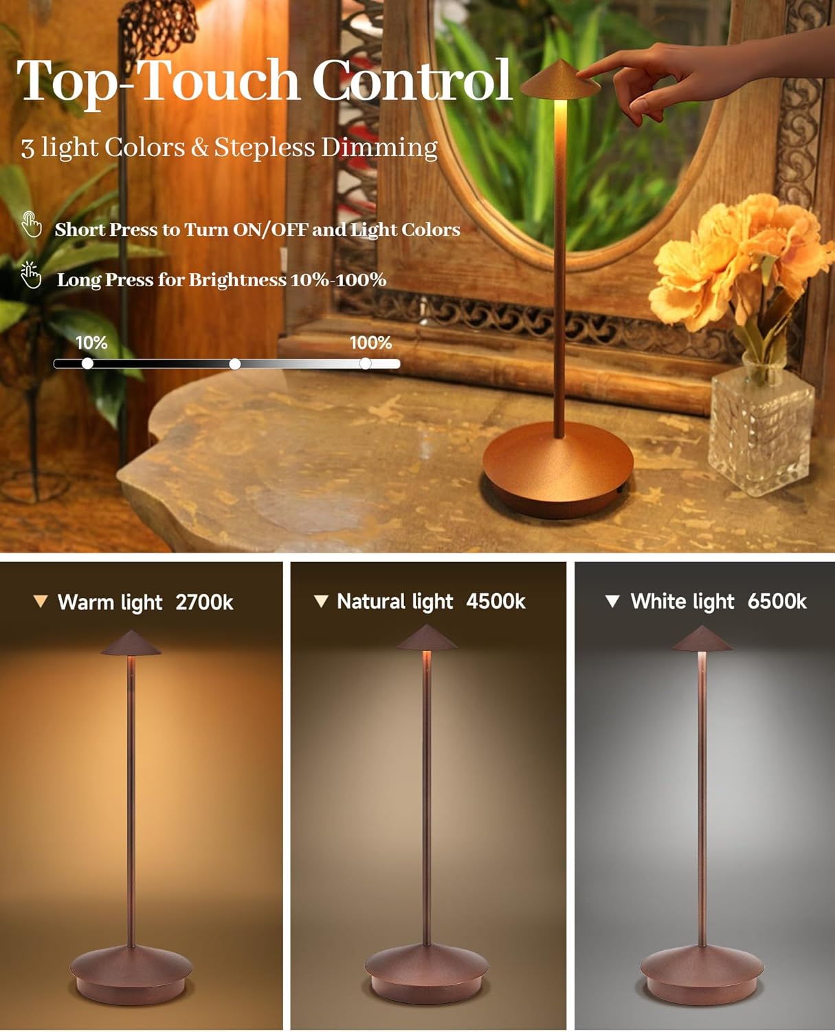 Portable Led Cordless Lamp Table Light 2 Pack, Rechargeable 6000mAh Battery Outdoor Table Lamp for Dinning Restaurant Patio Bedroom Camping, IP54 Waterproof, Dimmable