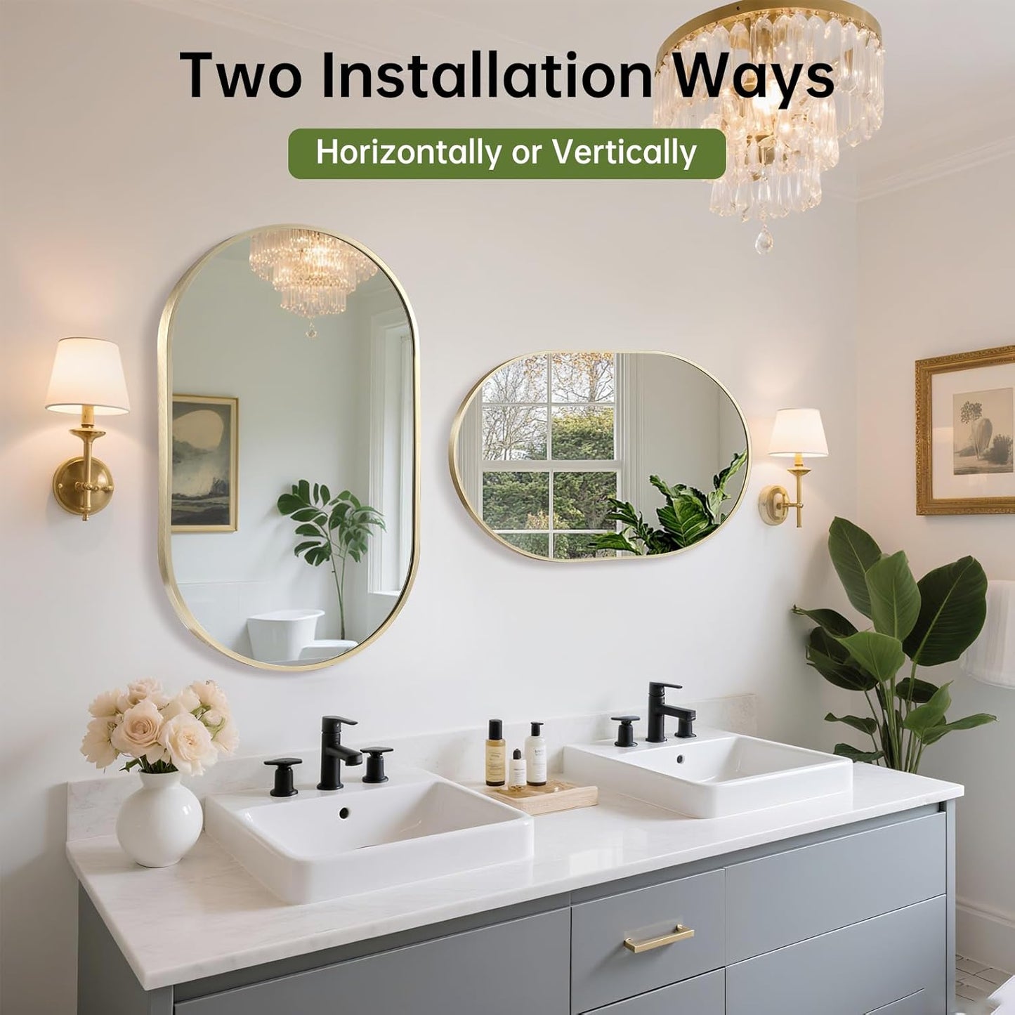 FARMER Oval Mirror Gold, 17"x30" Oval Bathroom Mirror, Metal Frame Wall Mirror, Gold Mirror, Wall Mounted Bathroom Vanity Mirror for Bedroom, Living Room, Entryway, Vertical or Horizontal