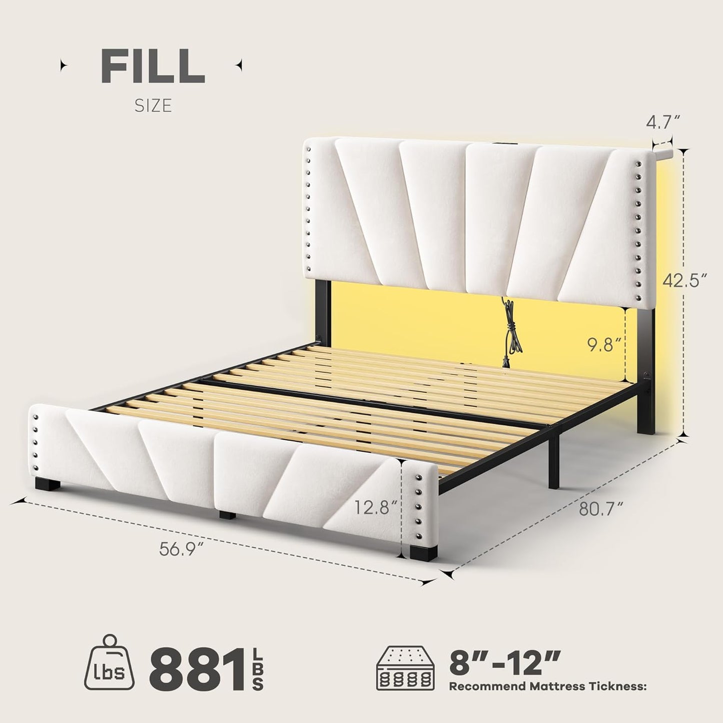 EnHomee Full Size Bed Frame, Velvet Bed Frame with Headboard and Led Light, Platform Bed Frame for Bedroom Apartment, Dorm, Noise-Free, Easy Assembly, Beige