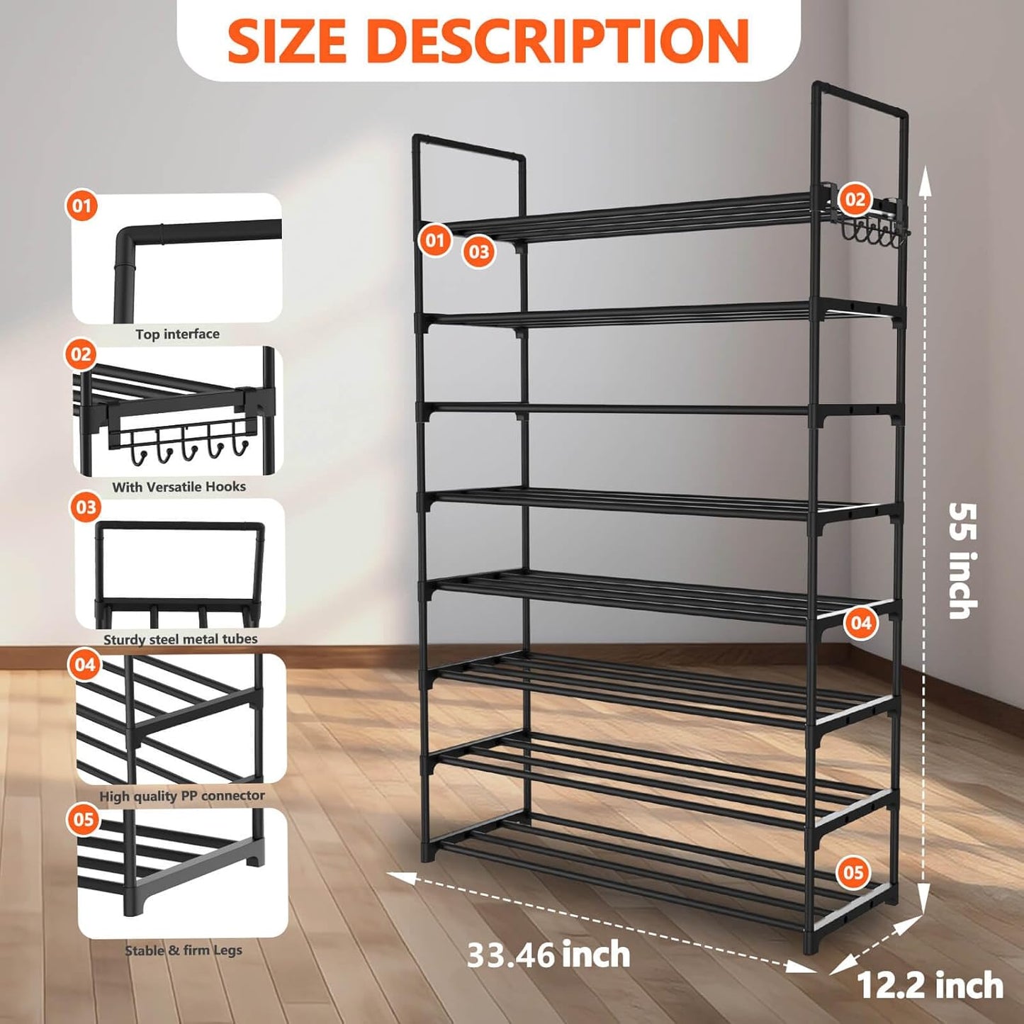 8 Tiers Metal Shoe Rack,Adjustable Shoe Shelf Storage Organizer with Hooks,Stackable Boot & Shoe Storage,for Entryway,Hallway,Closet,Black