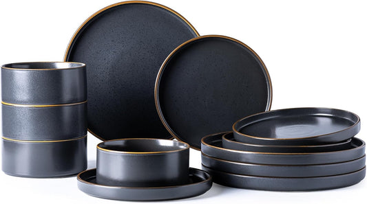 LERATIO Ceramic Dinnerware Sets for 4,Matte Stoneware Plates and Bowls Set, Chip and Crack Resistant | Oven & Dishwasher & Microwave Safe Dishes Set, Service for 4-Ashen Gold Rim
