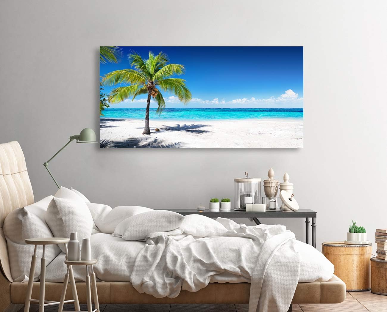 Baisuart-Large Canvas Wall Art Summer Ocean Waves Coconut Trees on Sands Beach Seascape Painting Sea Nature Pictures for Living Room Home Office Wall Decor Artwork