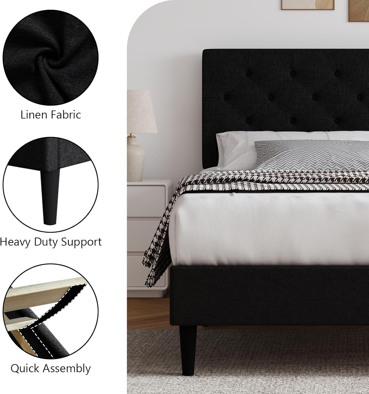 HOMBCK Queen Size Bed Frame with Headboard, Linen Fabric Upholstered Platform Bed Frame, Button Tufted Bed Frame Queen, Wooden Slat Support, No Box Spring Needed, Easy Assembly, Black