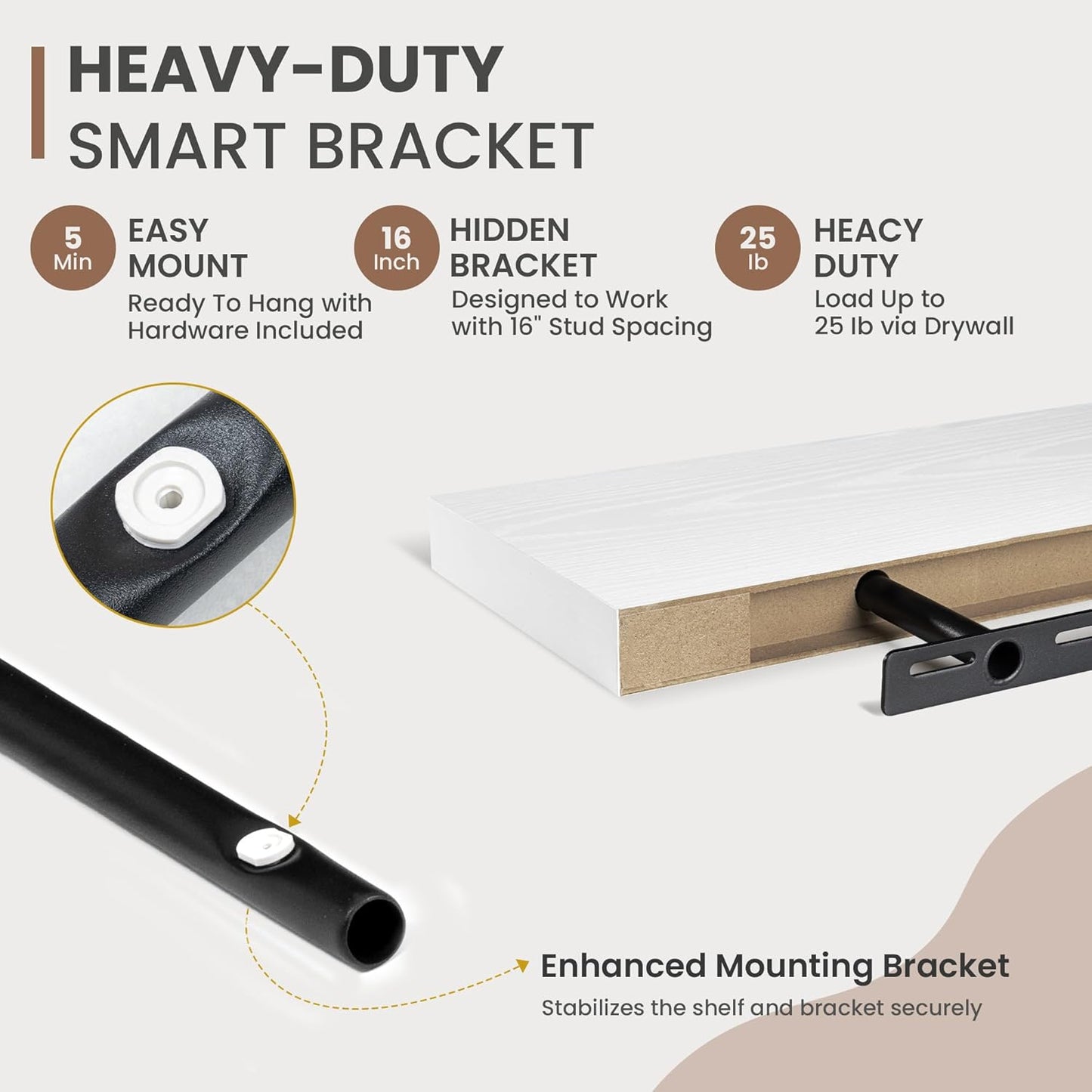 16 Inch Floating Shelves, 8 Inch Deep Floating Shelves for Wall, Hanging Shelf with Invisible Brackets, Deep Shelves for Bathroom, Bedroom, Living Room, White, Set of 2