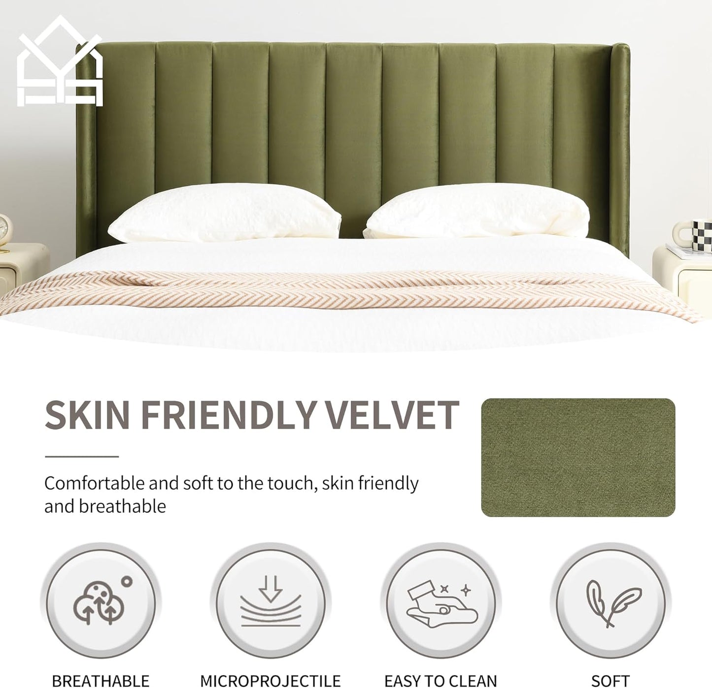 YUHUASHI upholstered Platform Bed Frame/Twin Bed Frame/Modern Geometric Double-Wing Design headboard/Velvet Fabric/Easy to Assemble no Noise (Grass Green, Twin)