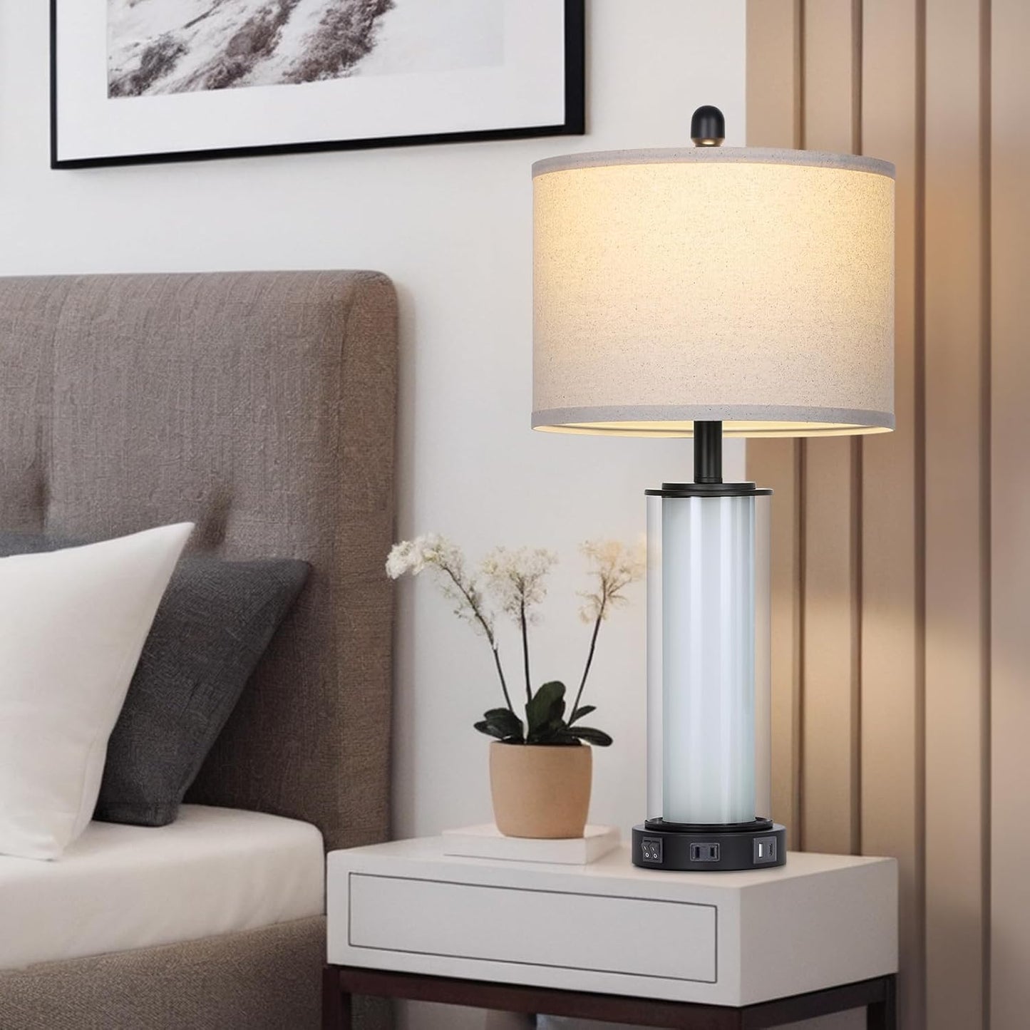 Black Glass Table Lamps Set of 2, 26" Living Room Lamp with Built-in Frosted Glass Night Light, Modern Bedroom Lamp with USB C+A Ports & AC Outlet, Bedside Lamps for Nightstand (4 Bulbs Included)