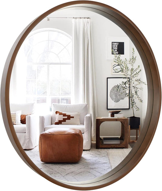 WallBeyond Circle Mirror with Wood Frame, 28" Round Modern Decoration Large Home Decor Mirror for Bathroom Living Room Bedroom Entryway (28" Diameter, Walnut)