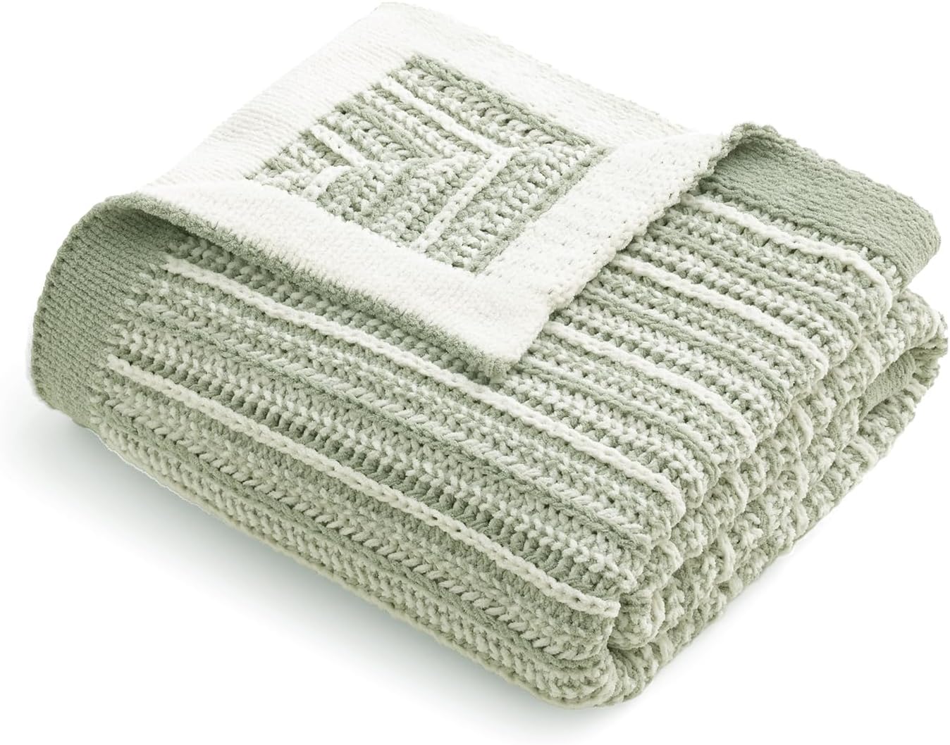 Amélie Home Striped Knit Throw Blanket for Couch, Dual-Sided Soft Chenille Decorative Blankets for Sofa & Chair, 50"x60", Sage Green & White