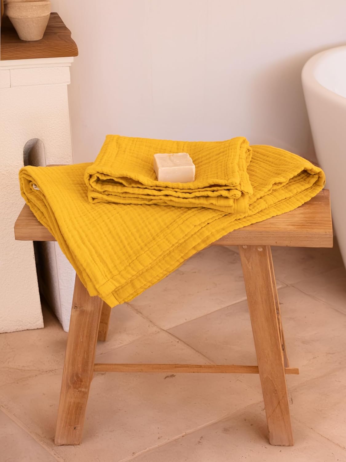 Muslin Hand Towels Pack of 4, Luxury 100% Turkish Cotton Thin Soft Quick-Dry Lint-Free Large Size Bath Hand Bathroom Towel Sets (Mustard, Pack of 4 Hand Towels)