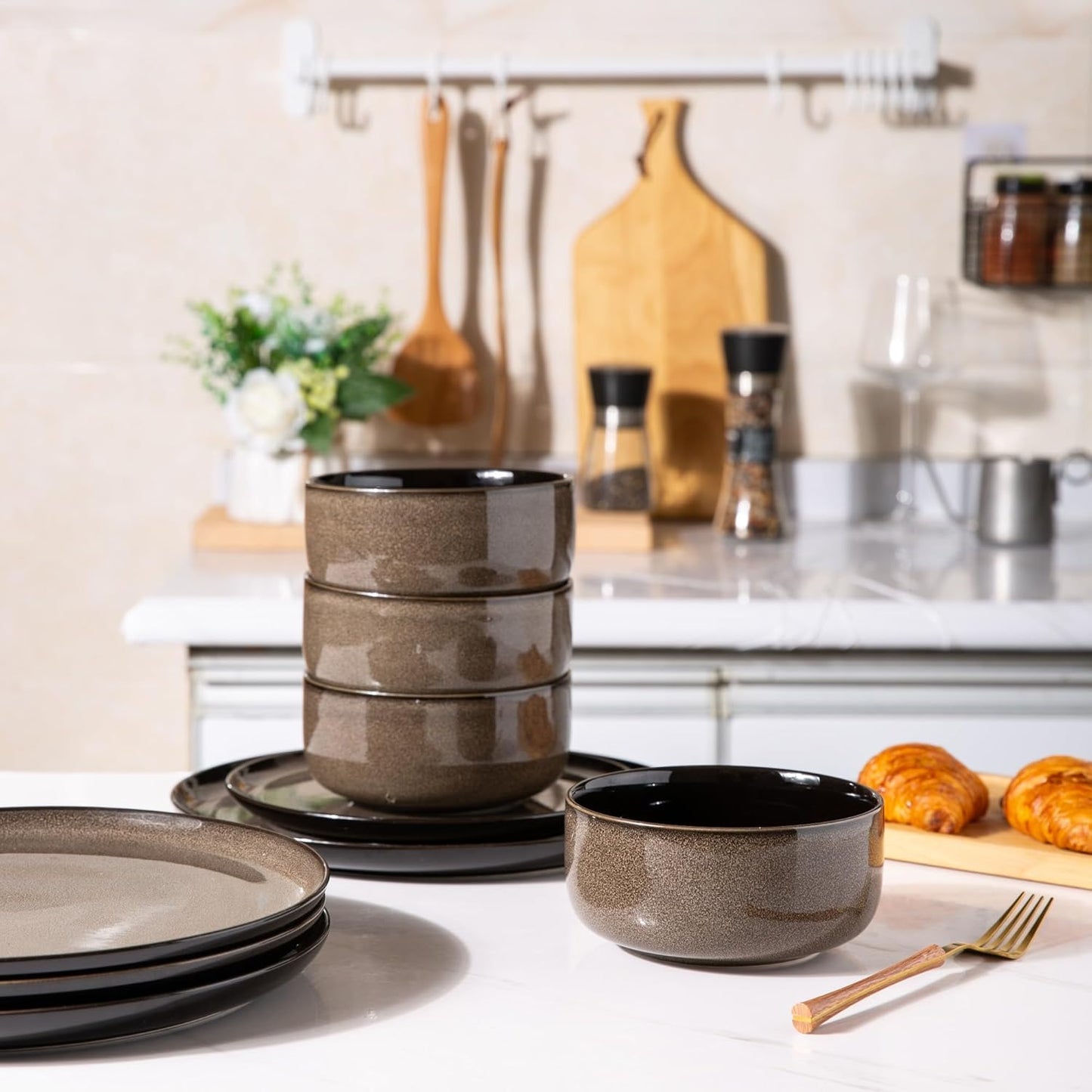 LERATIO Ceramic Dinnerware Sets for 8,Plates and Bowls Sets,Reactive Glaze Dishes Set,Highly Chip and Crack Resistant | Dishwasher & Microwave & Oven Safe Dishes set,Service for 8-Coffee (24pc)