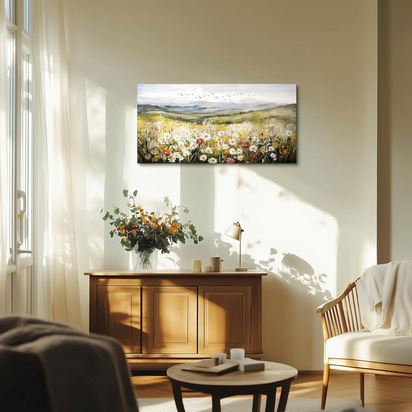 SERIMINO Green Rustic Landscape Wall Art, Mountain Floral Field Large Artwork, Meadow Daisy Scenery Canvas Prints, Nature Wildflower Wall Pictures for Living Room Kitchen Cottage Farmhouse 20X40 Inch