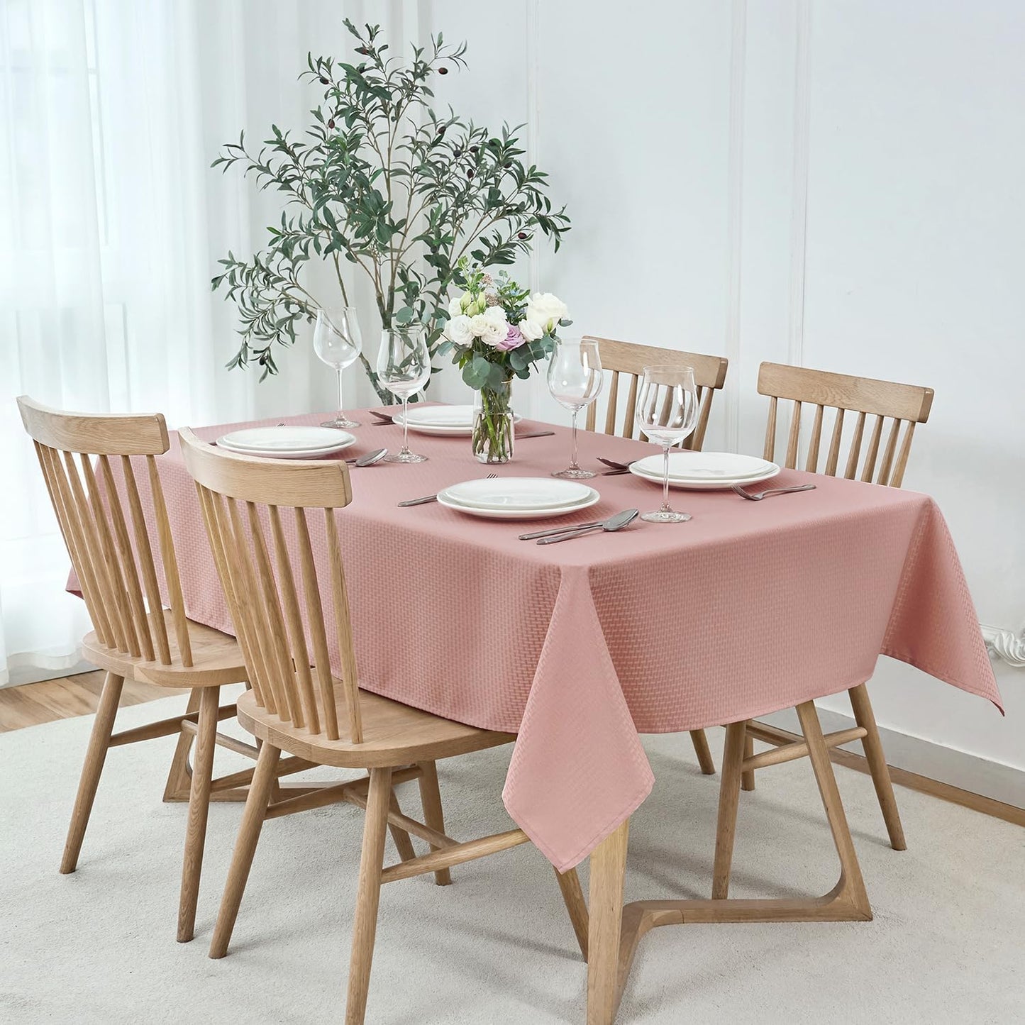 maxmill Square Tablecloth Water Resistance Antiwrinkle Spill Proof Weaved Texture Table Cloth, Decorative Fabric Table Cover for Banquet Parties Event Holiday Dinner, 70 x 70 Inch, Pale Blush