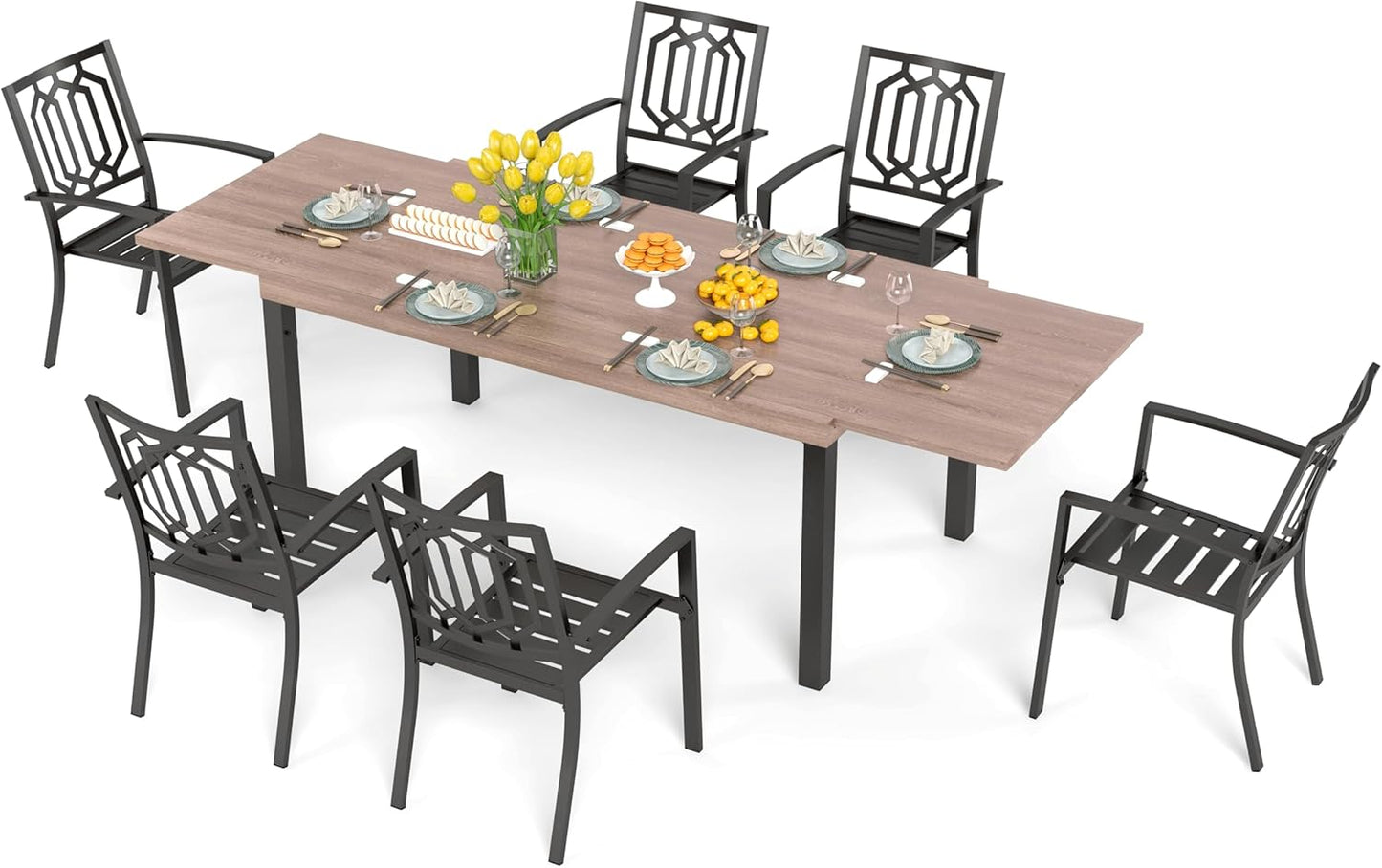 PHI VILLA 7 Pieces Outdoor Dining Set for 6, Expandable Wood-Like Metal Table & Wrought Iron Stacking Chairs, Large Long Dining Furniture for Patio, Deck, Backyard, Porch