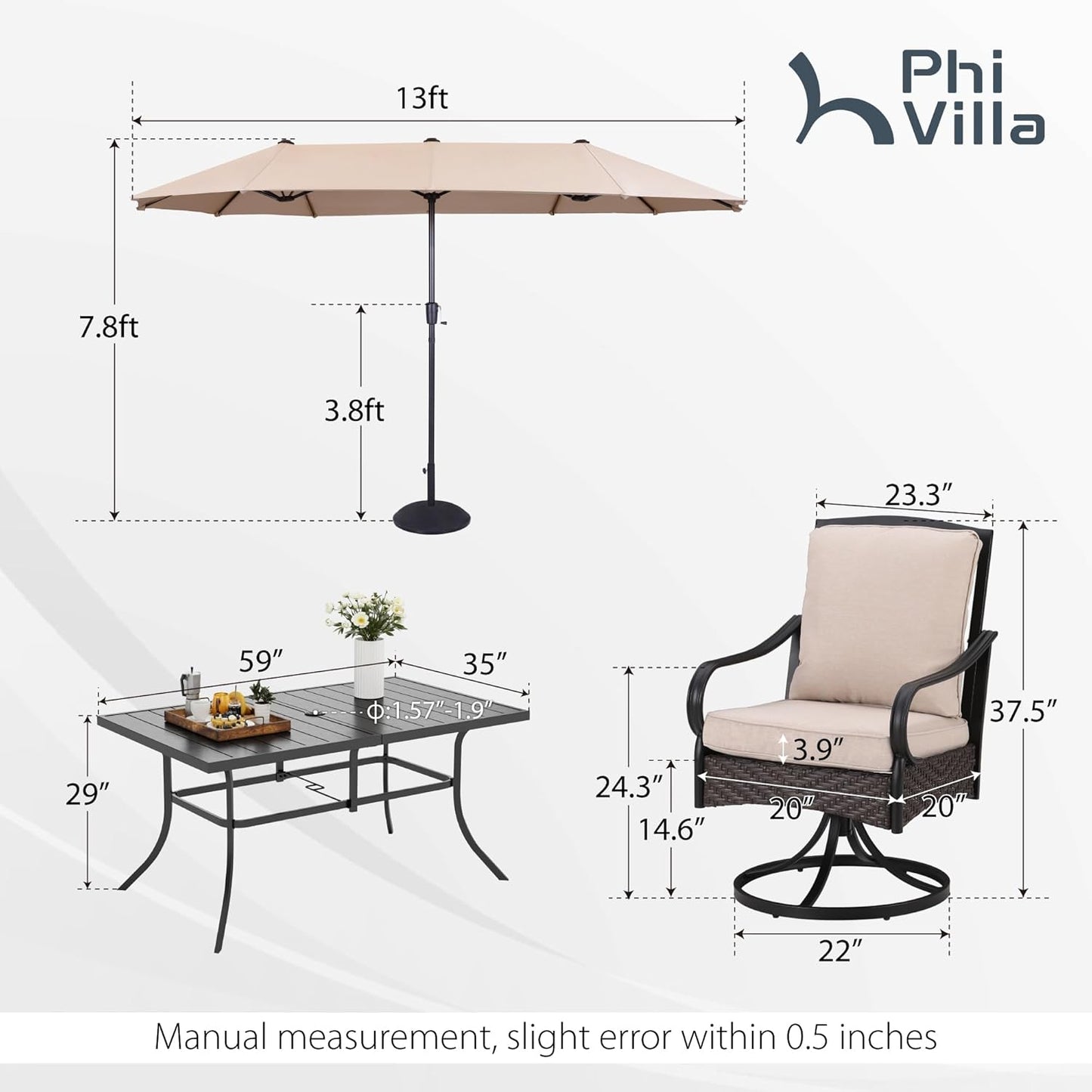 PHI VILLA Outdoor Dining Set for 6, All-Weather Patio Table and Chairs Set with Umbrella for 6, Heavy Duty Rectangle Patio Table Set for Deck, 6 Extra Large Outdoor Swivel Chairs with Thick Cushions