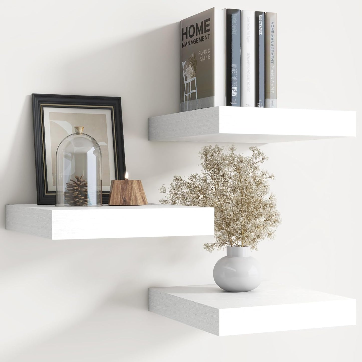 Floating Shelves for Wall with Invisible Brackets, Wall Mounted Engineered Wood Shelves with Wood Grain for Living Room, Bedroom, Bathroom, Kitchen Decor and Storage, Oak, 12"L Set of 3, White