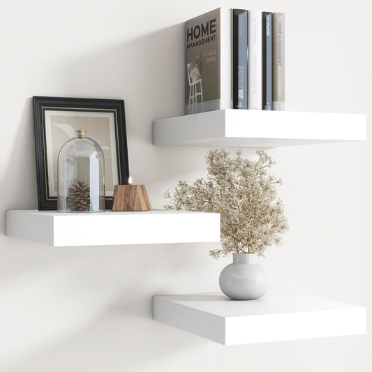 Floating Shelves for Wall with Invisible Brackets, Wall Mounted Engineered Wood Shelves with Wood Grain for Living Room, Bedroom, Bathroom, Kitchen Decor and Storage, Oak, 8"L Set of 3, White