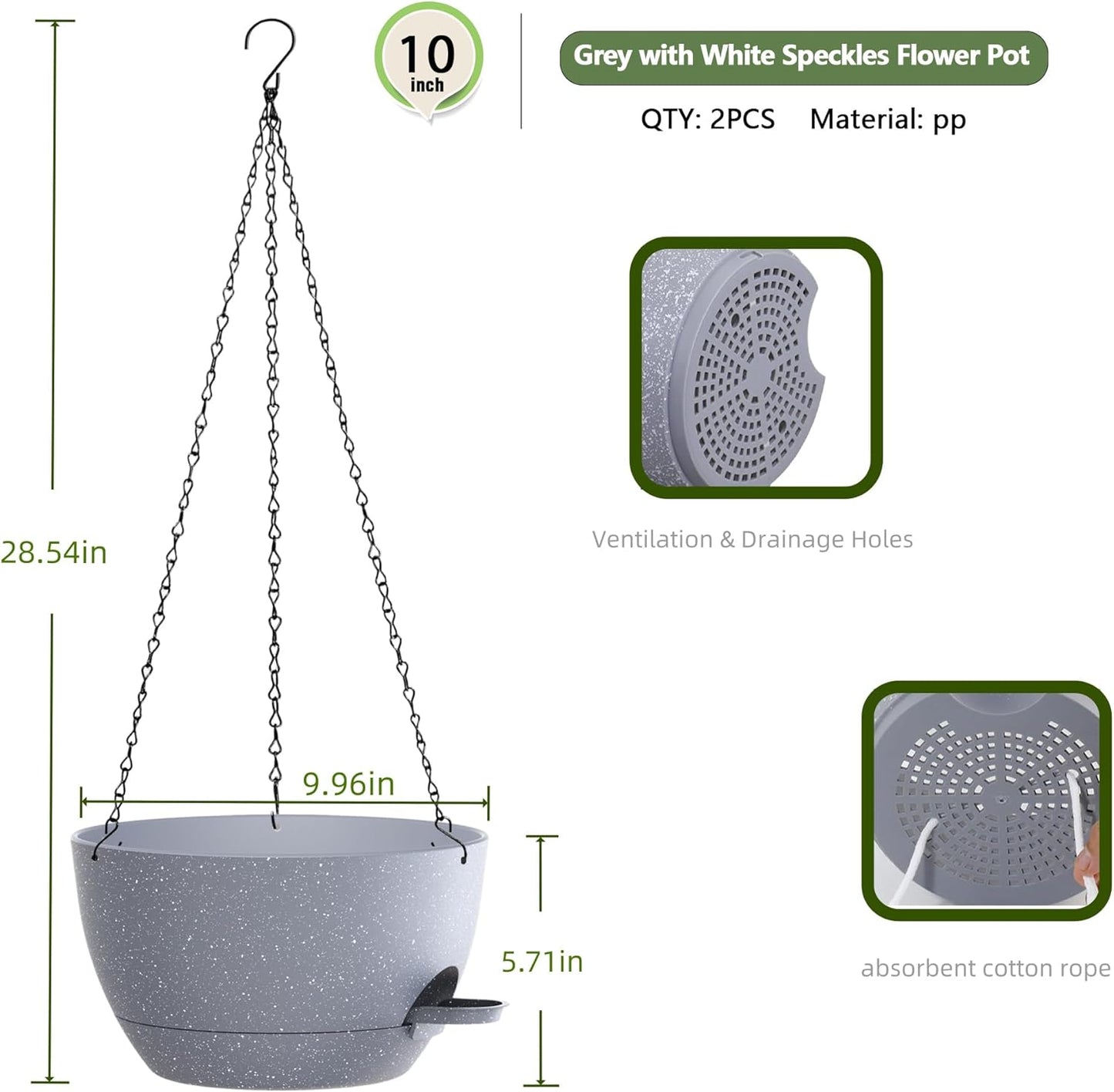 10 Inch Hanging Baskets 2 PC with Chains, Self-Watering Hanging Planters for Indoor Outdoor Plants, Plastic Hanging Flower Pots,Speckled Grey