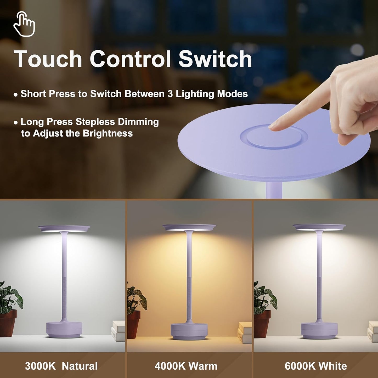 Rechargeable Cordless Table Lamp, Portable 5000mAh LED Touch Table Light, 3 Color Stepless Dimming Battery Powered Table Lamp for Outdoor/Restaurant/Patio.(Light Purple)