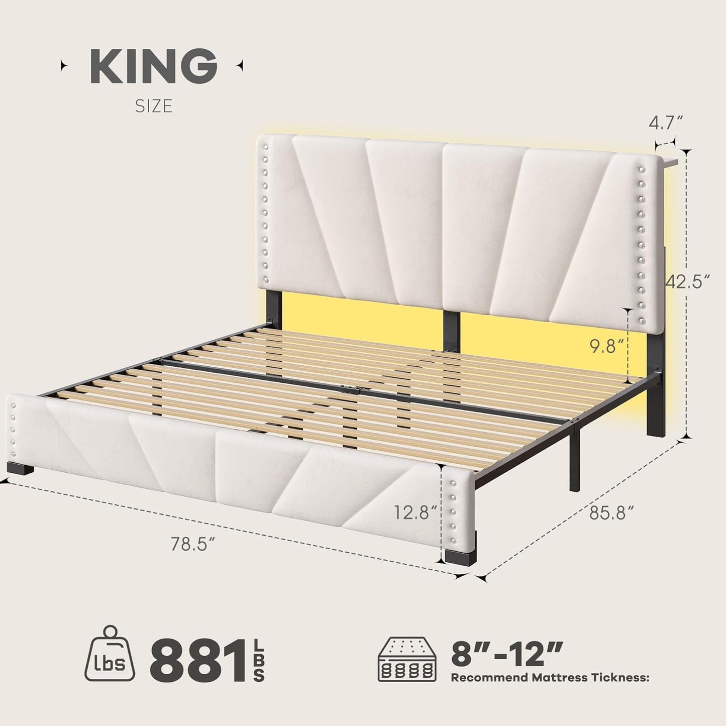 EnHomee King Size Bed Frame, Velvet Bed Frame with Headboard and Led Light, Platform Bed Frame for Bedroom Apartment, Dorm, Noise-Free, Easy Assembly, Beige