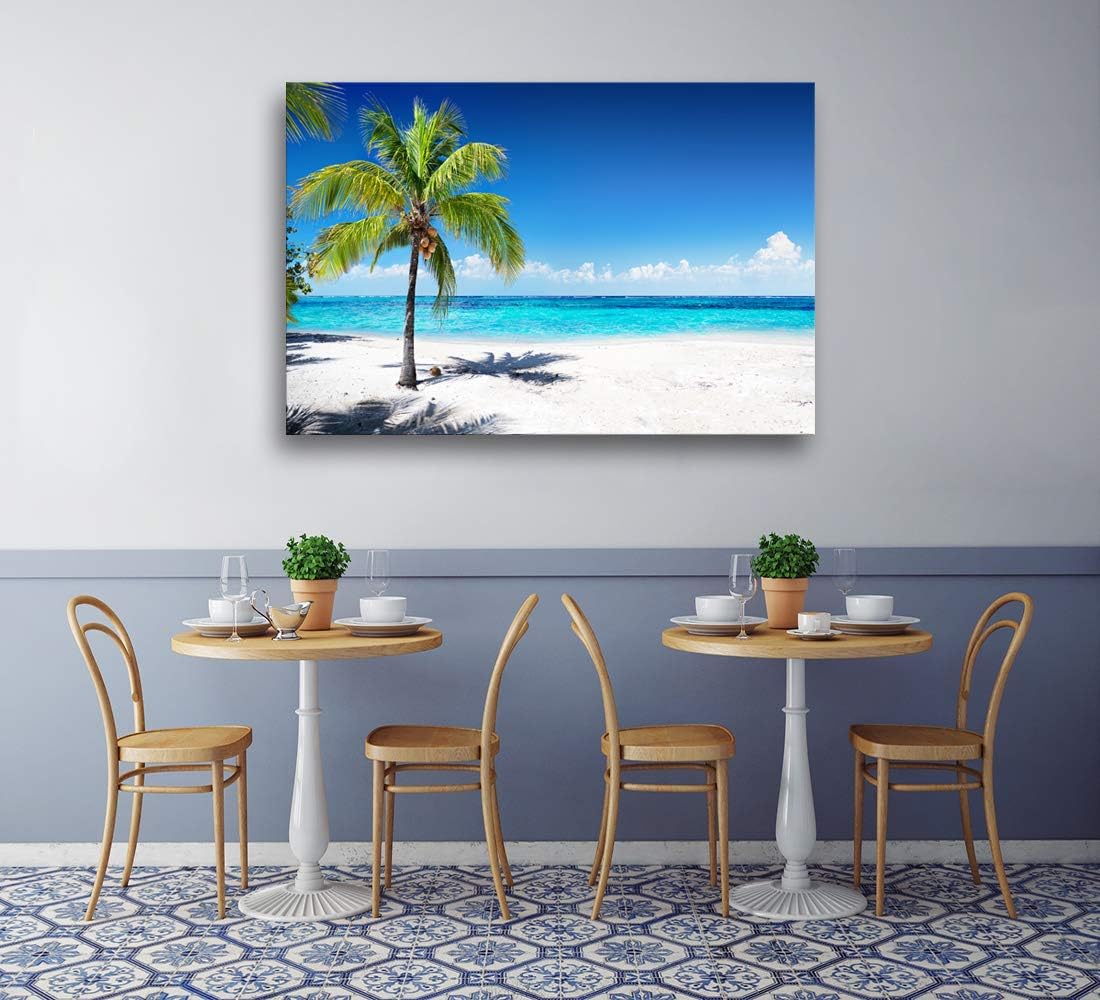 Baisuart-S03969 Large Canvas Wall Art Summer Ocean Waves Prints Coconut Trees on Sands Beach Seascape Painting Sea Nature Pictures Framed for Living Room Home Office Wall Decor Artwork