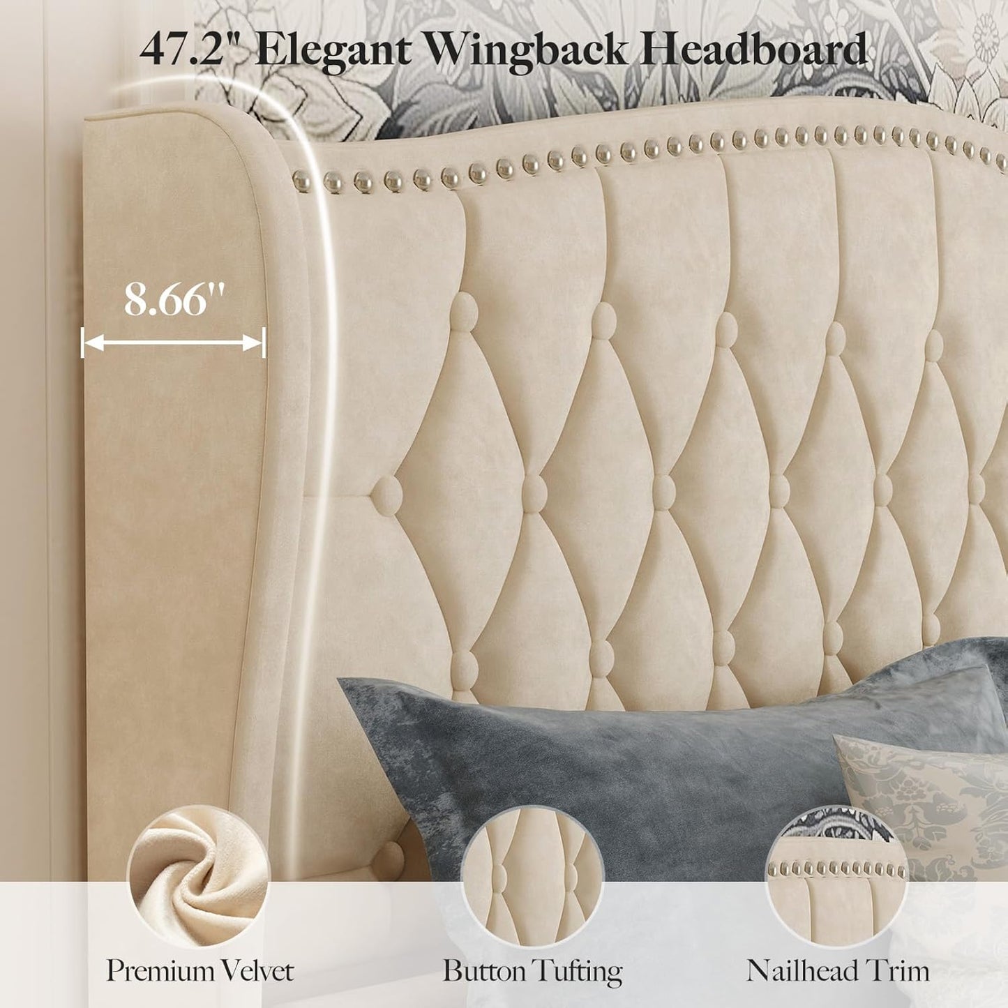 Belffin Queen Bed Frame with Headboard, Luxury Upholstered Velvet Platform Bed with Wingback, Button Tufted & Nailhead Trim, Anti-Slide Tall Footboard, No Box Spring Needed, Noise-Free, Beige