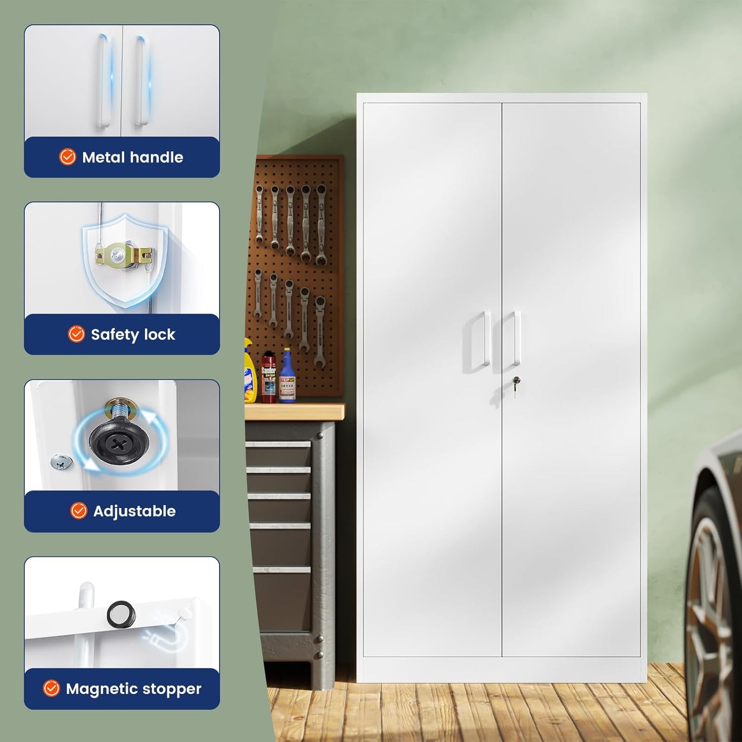 Yizosh Metal Garage Storage Cabinet with 2 Doors and 5 Adjustable Shelves - 71" Steel Lockable File Cabinet,Locking Tool Cabinets for Office,Home,Garage,Gym,School (White)