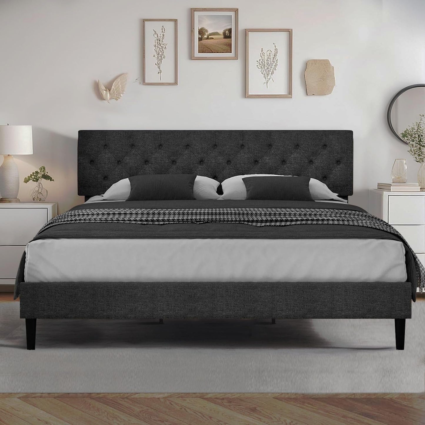 HOMBCK King Size Bed Frame Black, Linen Fabric Upholstered Bed Frame King and Headboard, Wood Slats Support, Button Tufted Design, No Box Spring Needed, Dark Grey