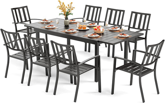 PHI VILLA 9 Piece Patio Dining Table Set, Expandable Rectangular Metal Dining Table & 8 Steel Chairs for Outdoor, Deck, Yard