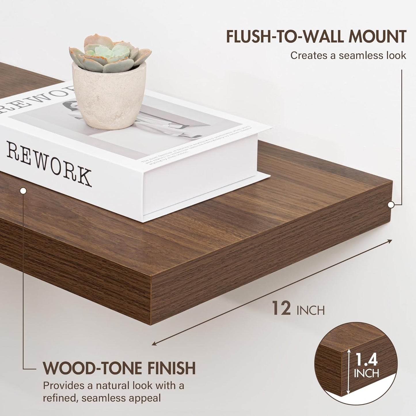 12 Inch Floating Shelves, 12" Deep Floating Shelf Wall Mounted, 12" Wall Shelves, Rustic Deep Bookshelf, Extra Deeper Display Shelves & Storage Shelves for Bedroom, Living Room, Set of 3