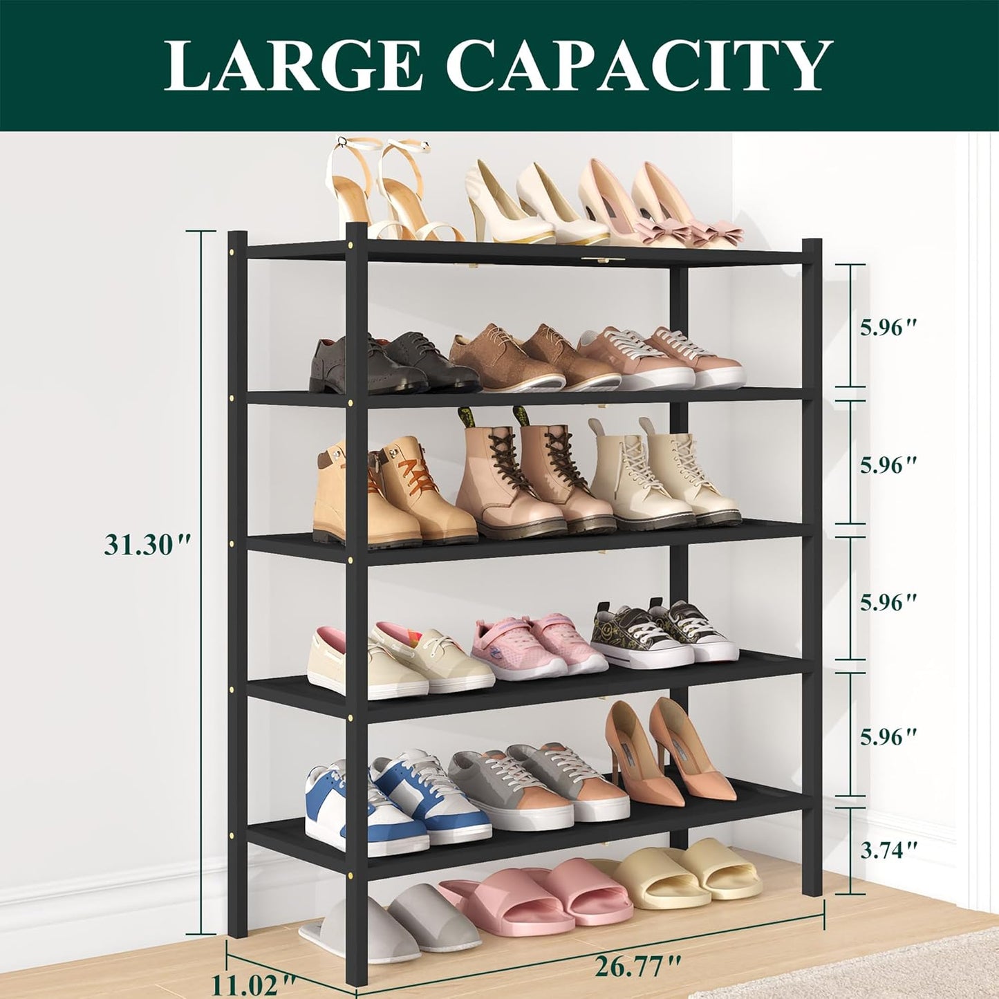 Smiry Bamboo Shoe Rack, 5 Tier Shoe Organizer for Entryway & Closet, Stackable Free Standing Storage Shelf for Shoes, Bags & Plants, Black