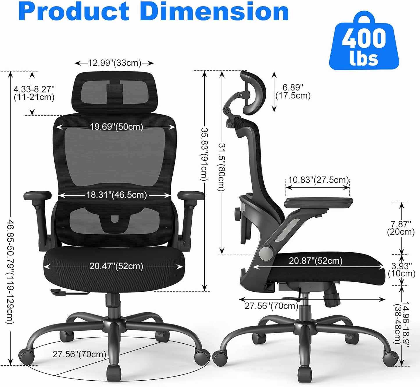 ZZH Ergonomic Office Chair, High Back Home Desk Chair with Adjustable Lumbar Support, Headrest, Flip-Up Arms, 90-135° Tilt Lock and Wide Cushion, Big and Tall Mesh Computer Seating with Wheels