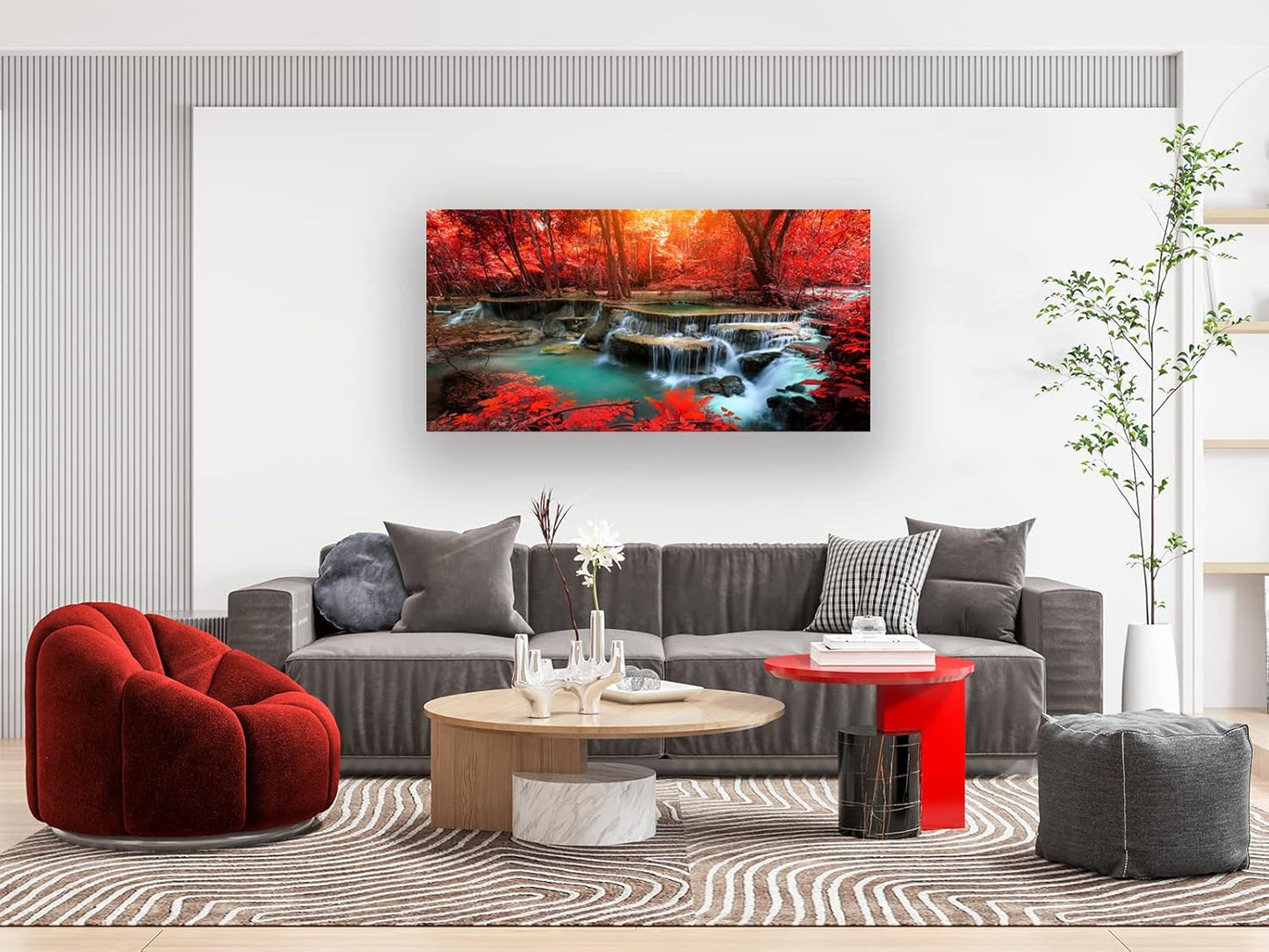 Muolunna BK03950 Wall Art Decor Canvas Print Picture Red Forest Waterfalls 1 Piece Modern Landscape Tree for Living Room Bedroom Kitchen Office Home Decorations Stretched and Framed Ready to Hang