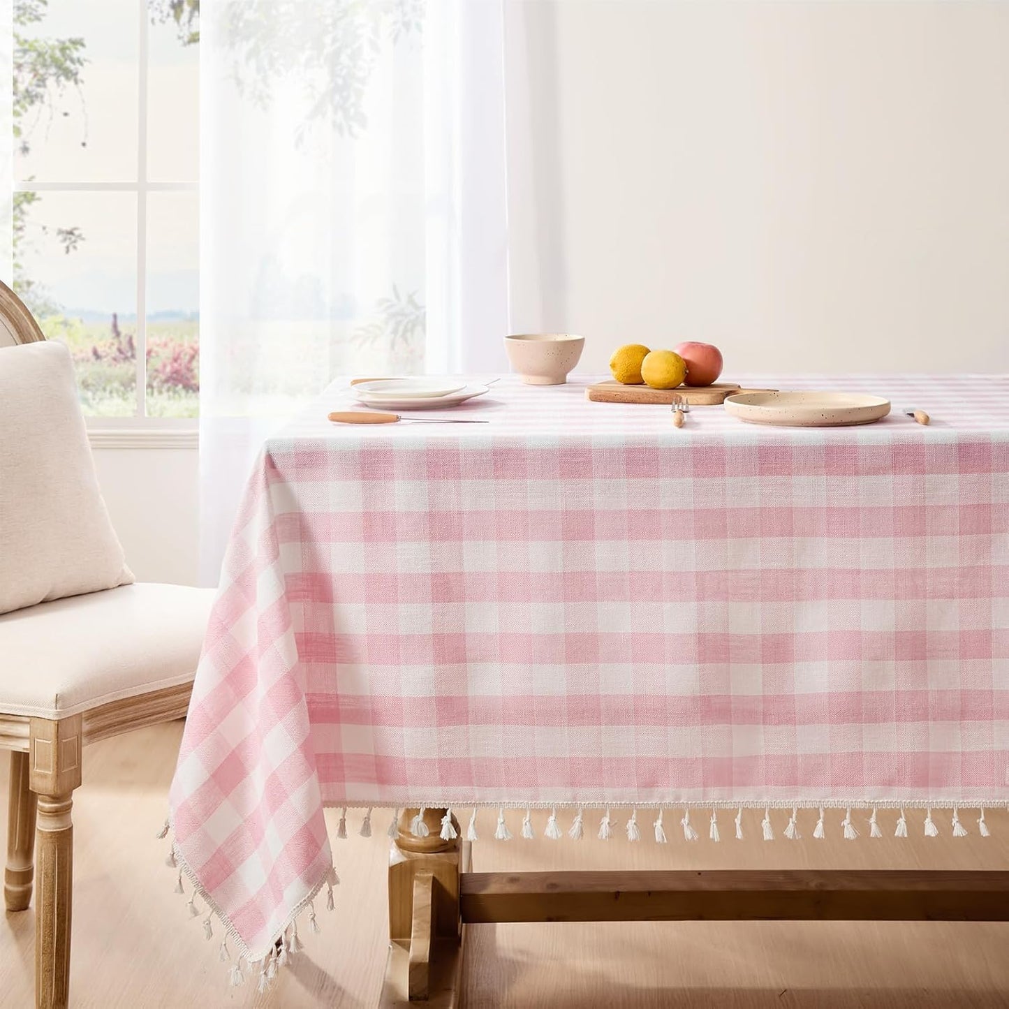 Softalker Checkered Tablecloth Rectangle, Heavy Weight Linen Gingham Outdoor Table Cloth with Tassel, Washable Wrinkle Free Buffalo Plaid Table Cover for Dining/Party/Home - 55 x 70 Inch, Pink