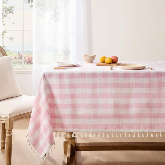 Softalker Checkered Tablecloth Square, Heavy Weight Linen Gingham Outdoor Table Cloth with Tassel, Washable Wrinkle Free Buffalo Plaid Table Cover for Dining/Party/Home - 55 x 55 Inch, Pink