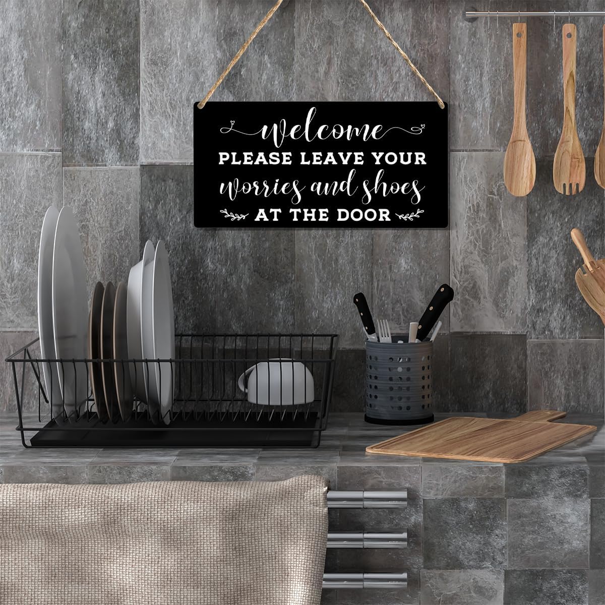 Front Door Welcome Sign, Please Remove Your Shoes Signs, Please Leave Shoes And Worries at the Door Sign, Wooden Hanging Plaque 12 x 6 Inch, For Home Porch Entrance Decoration