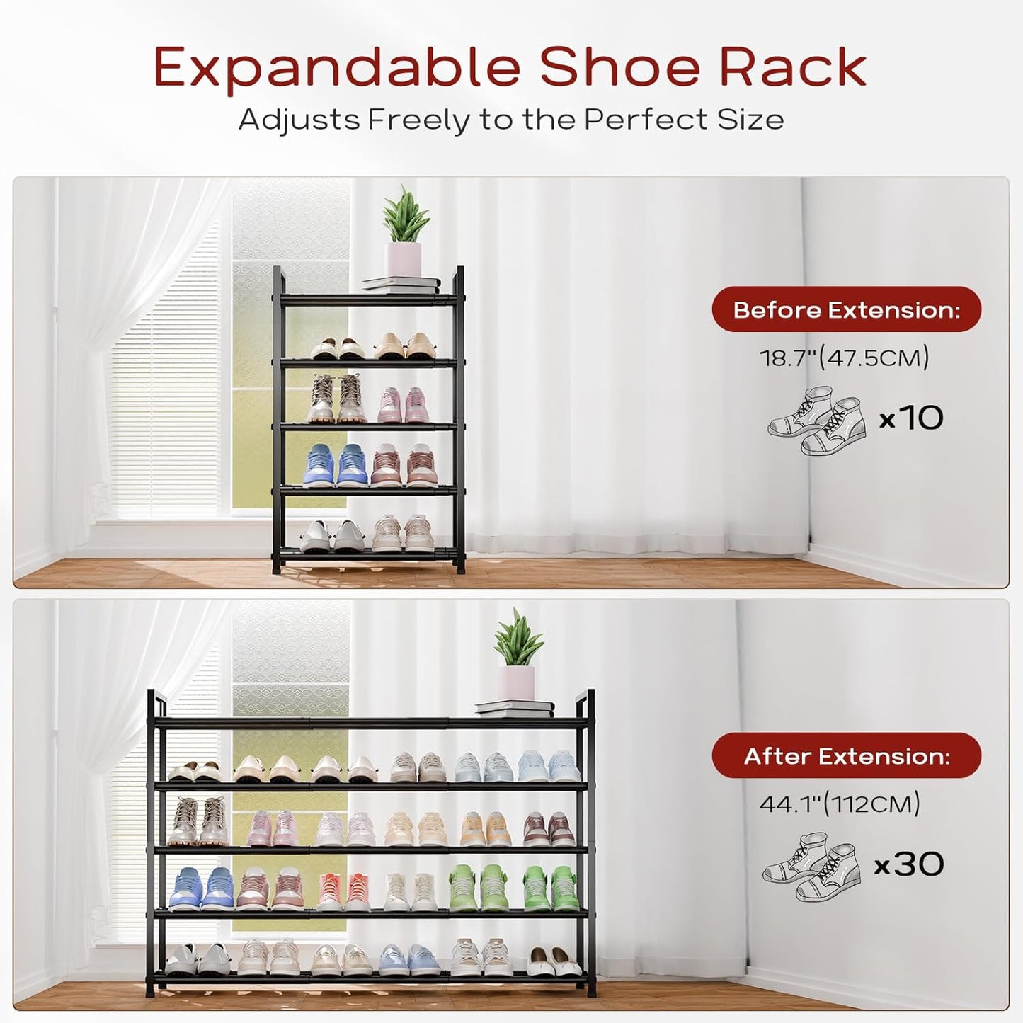 Bumusty 5-Tier Long Expandable Shoe Rack for Closet, 18"-44" Adjustable Shoe Rack for Entryway, 25-30 Pairs Large Shoe Organizer Shelf Storage, Sturdy Metal, Black
