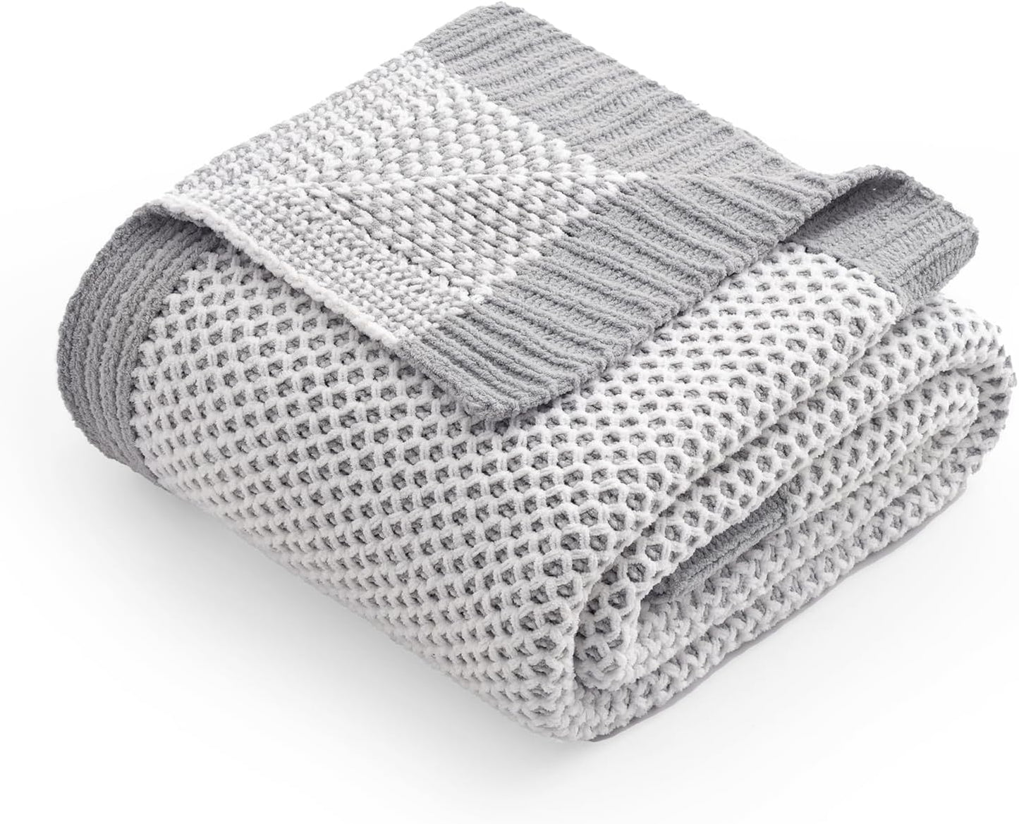 Amélie Home Honeycomb Knit Throw Blanket for Couch, Dual-Sided Soft Chenille Decorative Blankets for Sofa & Chair, 50"x60", Gray & White