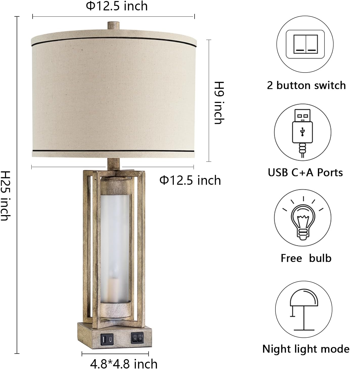 RORIANO 25" Set of 2 Farmhouse Table Lamps for Living Room with USB A+C Ports, Rustic Nightstand Lamp with White Night Light, Vintage Desk Lamp for Entryway Bedroom End Table, 4 Bulbs Included