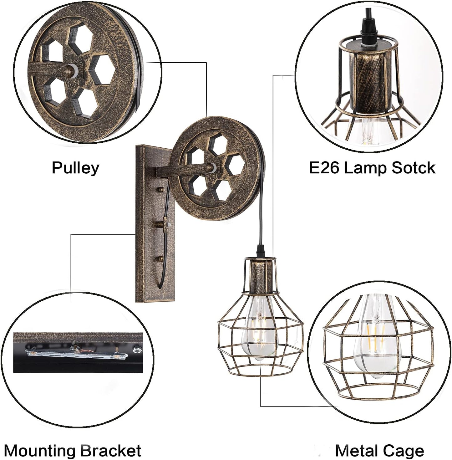 1 Light Fixture Industrial Mid Century Retro Iron Wall Lights Lift Pulley Wall Lamp Features The Matte Iron Cage Lamp Shade for Indoor Lighting Barn Restaurant(Bronze Color)
