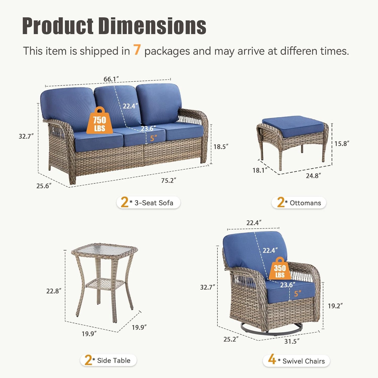 10 Pieces Patio Furniture Set Outdoor Sectional Sofa Couch with Rocking Swivel Chairs 5" Deep Seat Chairs, Modern Wicker Rattan Conversation Set, Blue/Gray Wicker