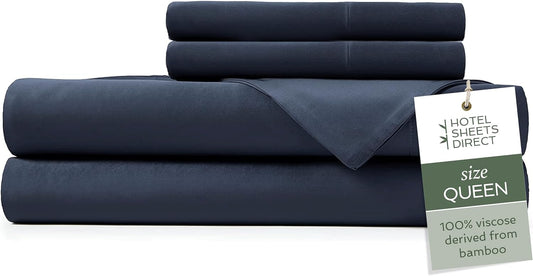 Hotel Sheets Direct 4 Piece Bed Sheet Set Queen, 100% Viscose Derived from Bamboo Sheets Set with 2 Pillowcases, Cooling & Breathable Luxury Bedding, Moisture-Wicking & Silky Soft Texture, Navy Blue